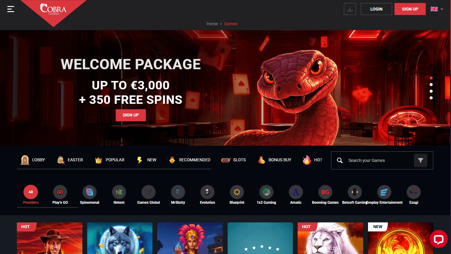 Cobra Casino games interface on a desktop device