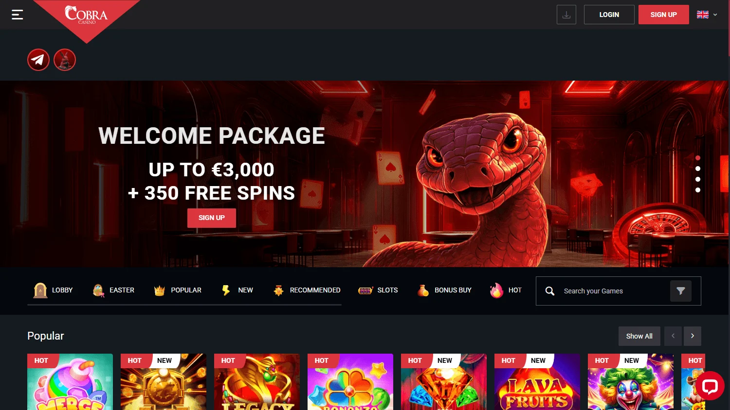 Cobra Casino home interface on a desktop device