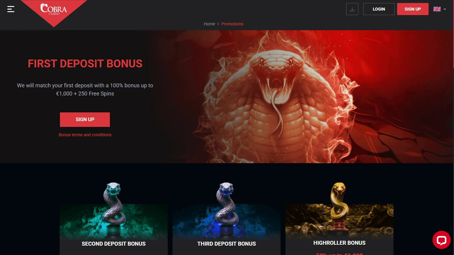 Cobra Casino promotions interface on a desktop device