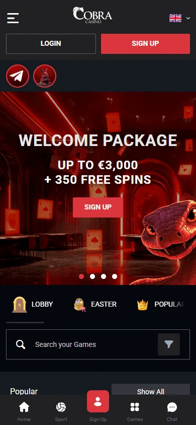 Cobra Casino home interface on a mobile device