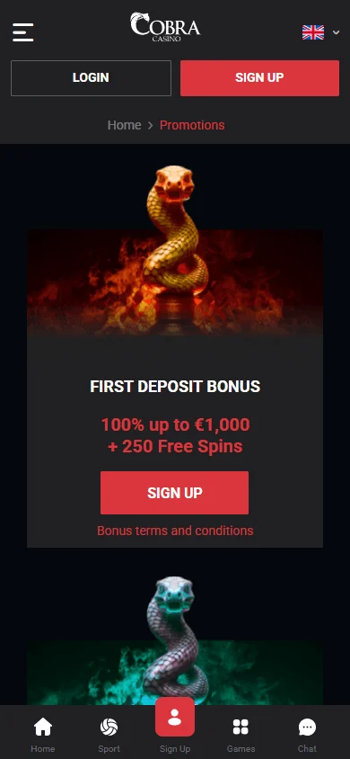 Cobra Casino promotions interface on a mobile device