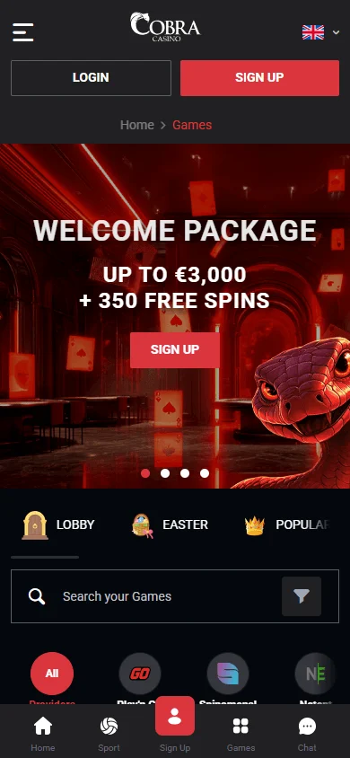 Cobra Casino games interface on a mobile device